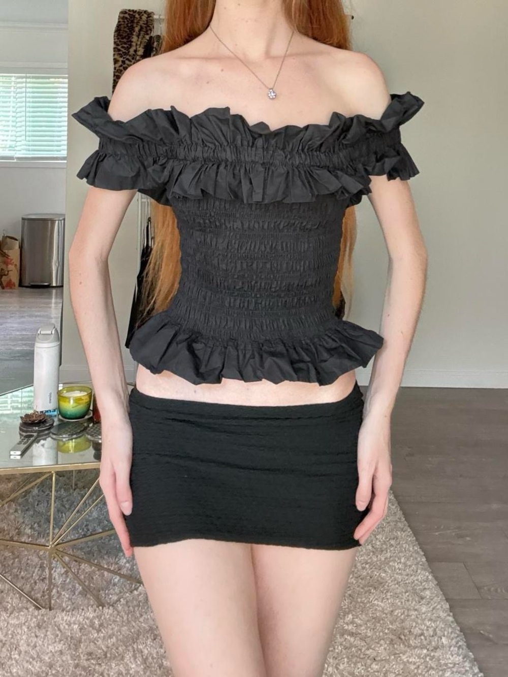 Ganni Black Off-Shoulder Ruffle Smocked Top